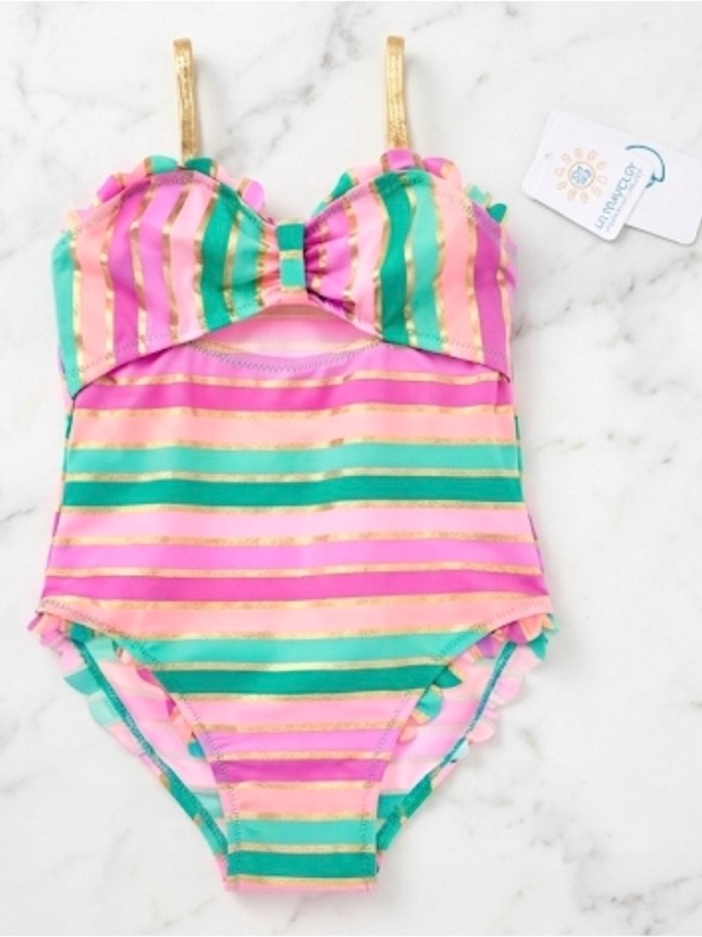 Flappdoodles 👙🙌🌴2T GORGE bathing suit- bow, ruffles, gold straps, bright UPF
